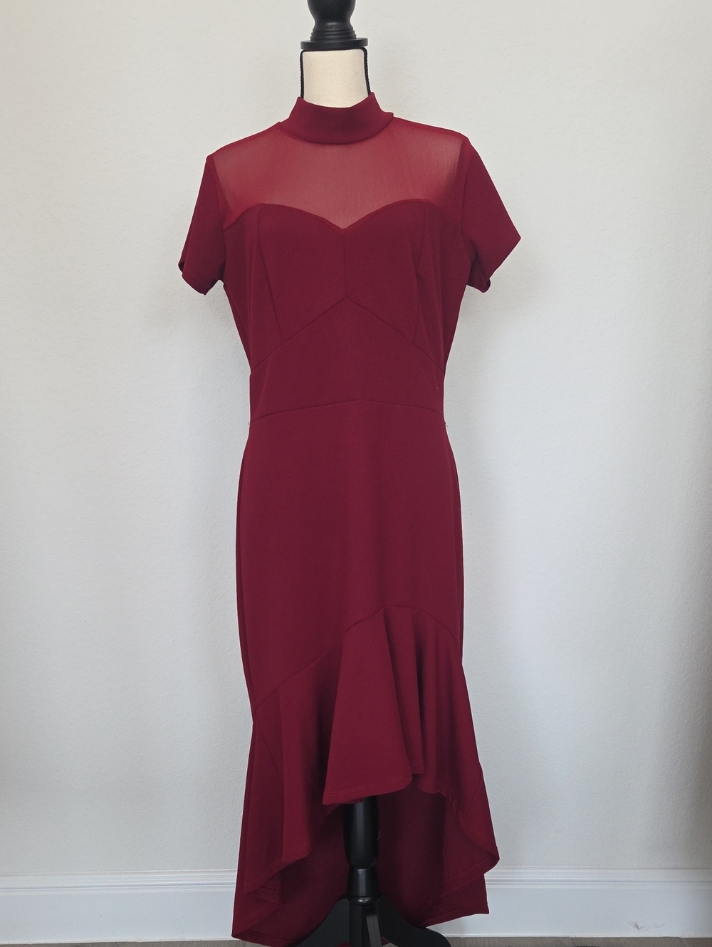 Elegant Burgundy Red High-Neck Hi Low Mermaid Tulip Skirt Ruffle Sheer Panel XL